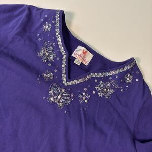 Quacker Factory V-Neck Shirt Womens Plus 1X Purple Sequin Beaded Butterflies